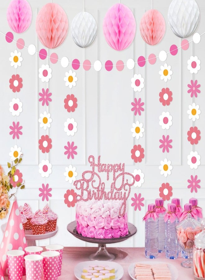 TMTECHJS Pink Daisy Birthday Decorations Pre-Strung Happy Birthday Banner with Honeycomb Balls Cake Topper Pink Flower Hanging Swirls Circle Dots Garland - Image 4